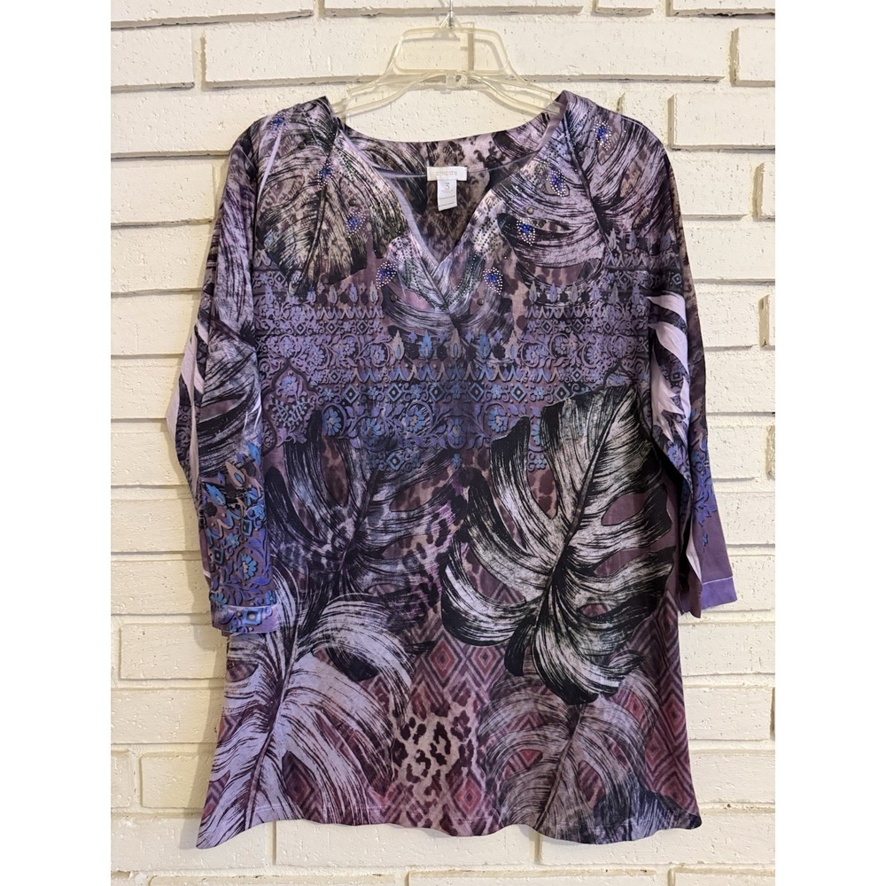 Chicos 3 Popover Beaded Neckline Purple Tunic Resort Embellished Size XL